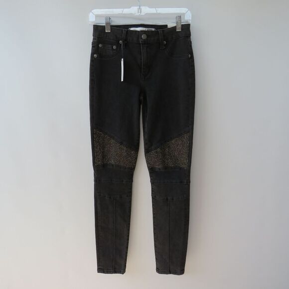 Lovers + Friends Women Size 26 Aaron Mix  Moto Skinny Black Studded Jeans - Picture 1 of 16